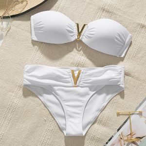 White push up woman swimsuit Summer beach sexy bikini set solid swimming suit for women swimwear Bandeau bathing suit 220427