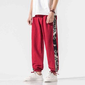 2022 erkek Çin tarzı kırmızı keten pantolon erkek sokak kıyafeti baskı geniş bacak pantolon erkek bol jogger harem pantolon damla pantolon l220706