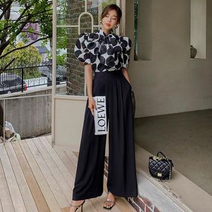 Women's Two Piece Pants Summer 2022 2 Set Korean Version Lace-Up Polka Dot Top Ladies High Waist Wide-Leg Suit WomenWomen's