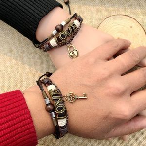 Charm Bracelets Real Cowhide Couple Bracelet A Pair Of Students Retro Pure Hand Woven Lock Key Jewelry Simple And Elegant Display AffectionC