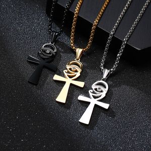 High Polished Stainless Steel Religious Egyptian Shining Ankh Necklace Pendants Religion Jewellery Cross Eye of Horus Agypt Silver Black Gold Charm Jewel CZ Stone