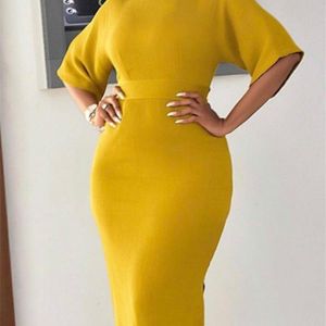 Yellow Women Dresses Bodycon Slim Elegant Office Ladies Work Wear Short Sleeves O Neck Tight Elastic Large Size African Fashion