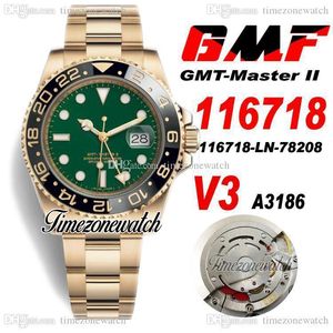 GMF V3 GMT II 116718 A3186 Automatik-Herrenuhr, 18 K Gelbgold, Keramiklünette, schwarzes Zifferblatt, 904L OysterSteel-Armband, Garantiekarte, Super Edition, Zeitzonenuhr R6