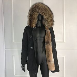Rabbit Coat for Man Winter Warm Fashion Real Parkas Foder Raccoon Fur Collar Men's Parka med F 201202