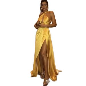 Basit Balo Açık Sırtını Giyiniyor toptan satış-Aç Geri Uzun Gelinlik Modelleri Sarı Halter Kolsuz Basit Abiye giyim Yüksek Yarık Örgün Parti