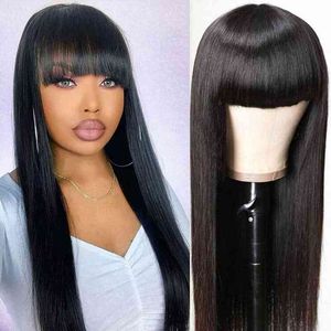 Hair Wigs Machine Made Sew in Human Straight Brazilian Remy with Bangs Natural Color for Women Glueless 220722