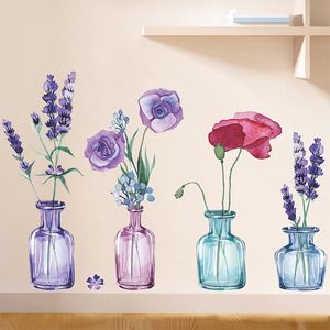 Adesivi murali Vaso autoadesivo colorato con fiori di lavanda Carta da parati Accessori per la casa Arte per la decorazione domestica Soggiorno DecalWall