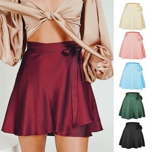 Женщины с высокой талией лето короткая юбка твердый фиолетовый сатин шелк элегантные дамы офисные юбки MIDI весенняя одежда винтажная панка 220322