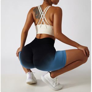 Gradient Color Seamless Yoga Shorts Breathable Slim Fit Sports Shorts Womens High Waist Stretch Hip Lift Fitness Pants