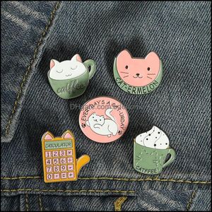 Pins Brooches Jewelry Cartoon Round Cup Cat Collar Girls Cute Coffee Calcator Shape Pins Alloy Animal Letter Unisex Cowboy Backpack Badge A