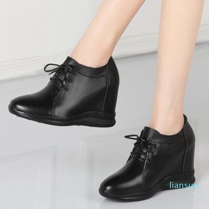 Dress Shoes Spring Autumn Genuine Leather Women's Fashion Casual Sport Wedges High Heels Black White Female Pumps Large Size