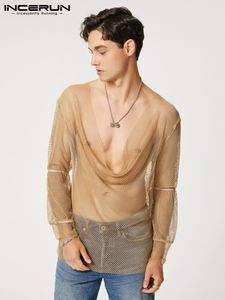 Incerun Erkekler Tişörtlü Mesh V Boyun Uzun Kollu Moda Giyim Seksi Sokak Giyim Gevşek Parti Camisetas S XL