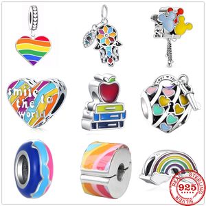 925 Gümüş Cazibe Boncuklar Dangle Rainbow Heart Lock Elma Kolye Diy İnce Boncuk Fit Pandora Takılar Bilezik Diy Takı Aksesuarları