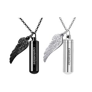 Personalized Cylinder with Wing Cremation Urn Pendant Necklace for Ashes Memorial Keepsake Stainless Steel Jewelry Gift to Women Men