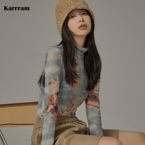Korean Fashion Mesh Tops Renaissance PrintSee Through Sheer TopsKpop Designer Clothes Turtleneck T-shirts Japanese CX220420