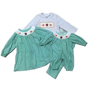 Girlymax Thanksgiving Baby Girls Boys Turkey Pumpkin Mint Plaid Romper Toddler Pants Set Dress Woven Family Look Kids Clothing AA220326