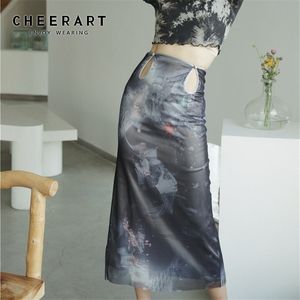 CHEERART Vintage Hollow Out High Waist Pencil Skirt Summer Print Layer Mesh Long Midi Skirt Grey Bodycon Ladies Skirt 210331