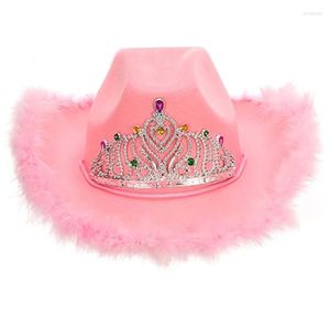 Basker rosa fjäder cowgirl hatt kvinnor ungkarlt party födelsedag vuxna holografiska disco klänningar upberets beretsberets