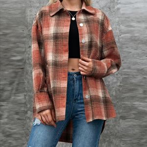 Women's Jackets Thicken Plaid Shirt Vintage Oversized Flannel Boyfriend Coat Women Full Sleeve Lapel Buttoned Cardigan Korean Top