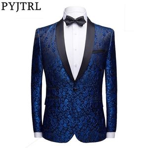 Pyjtrl Men Fashion Floral Jacquard Dress Blazer Gentleman Shwal Lapel Slim Fit Party Wedding Promスーツジャケット男性衣装Homme 220527