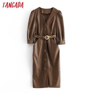 Tangada Autumn Winter women brown faux leather dress with leopard belt long sleeve ladies midi dress vestidos 3H728 210303