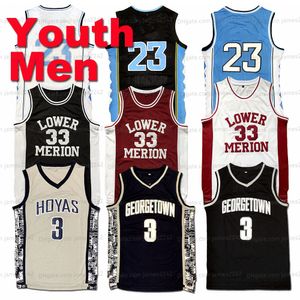 Skickas från USA Michael MJ #23 Baskettröja Herr Ungdom Barn Lower Merion 33 Bryant Iverson #3 Georgetown Hoyas College Tröjor Helsydda toppväst
