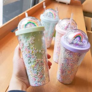 在庫450mlかわいいレインボータンブラーマグカップカップダブルプラスチック、ストローペット素材のためのダブルプラスチック子供用アダルトガールフレンドギフトFY4479