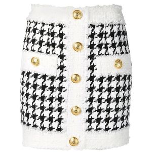 Saia de designer barroca de inverno de alta qualidade em Botões de leão feminino Finger Houndstooth Tweed Mini Skirt 210315
