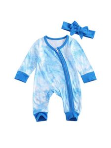 Newborn Girls Boys Romper Tie-dyed Diagonal Zipper Long Sleeve and Long Pants Jumpsuit with Bow Headband 2-piece Suits G220517