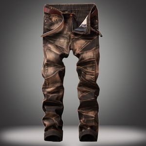 Erkekler için vintage kot pantolon hip-hop moda kırışıklık patchwork ince fit denim pantolon