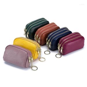 シンプルなカーキーリング女性コインカードバッグと3つのジッパーウォレット付きソリッドカラーレザーミニチェンジメン財布