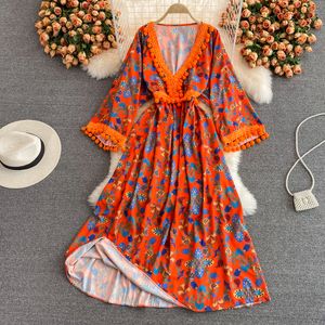 New Summer A Line V Neck Chiffon Pullover Lady Full Dress Casual Floral Print Mid-Calf Women Medium Dresses 2022