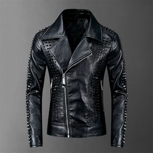 Högkvalitativ Rivet Motorcyle Leather Jacket Men Jaqueta Motoqueiro Chaqueta Cuero Punk Rock DJ Stage Faux Leather Men Coat 201128