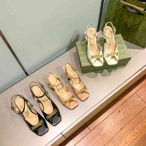 G family French metal chain sandals women's summer 2021 new high heels thin heel button sandals~ 220506