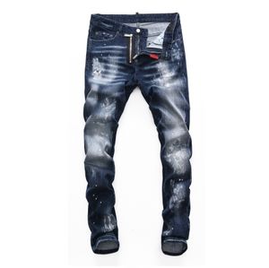 Projektant DSQ chude stóp spodnie dżinsy męskie D2 Farba Splatter Retro Blue jean streetwear żebrak Wysoka jakość streepants zamek błyskawiczny