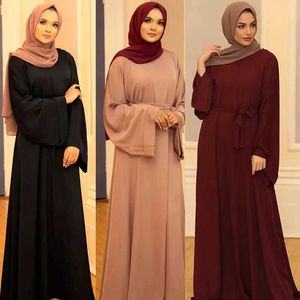 Vestidos casuais femininos cor sólidos abaya manga de vestido de tamanho grande largo de saia longa decoração de cinto de verão vestido no chão