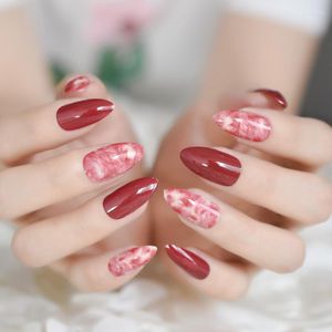 Uñas postizas, 24 Uds., diseño de estilete afilado, acrílico, vino, mármol rojo, Kit de decoración de uñas medianas, parche de dedo DIY, puntas de salón Z962 Prud22