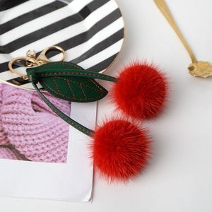 Keychains Luxury Real Fluffy Pompom Cherry Keychain Key Bag Ornament Cute Trinket Jewelry Gifts KeyRing Accessories Wholesale