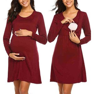 2021 Nya mode eleganta kvinnor gravid höstklänning långärmad solid ammande sömnkläder för ammande G220309