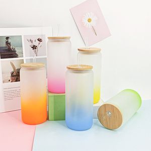 12oz sublimering frostat glas vattenflaska tumblers skott glasögon burk soda dryck halm kopp med bambu lock färgat glas mager tumbler