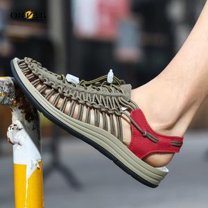 Sandalet artı 35-46 erkek ayakkabı el yapımı örgü marka moda plaj slaytları şehir eğlence yürüyüşü erkek sandaletler