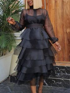 Sıradan elbiseler kadın siyah kek parti elbise fırfır seksi şeffaf uzun kollu büyük boy xl doğum günü etkinliği ünlü vestidos ge