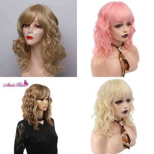 Short Bob Wig Synthetic Natural Side Bangs Curly Heat Resistant Hair for Women Blonde Wave Shoulder Length Cosplay 220622