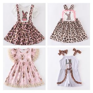 Girlymax Easter Baby Girls Bez Rękawów Bawełna Leopard Love Bunny Koronki Dress Spódnica Zestaw Kombinezon Boutique Odzież dziecięca Ruffles 220419