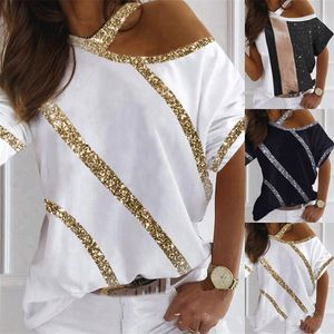 Fashion Sequins Stripe Stitching White T-shirt Summer Sexig av axel Kort ärm Tshirt Women Casual Street Black Tops 220511