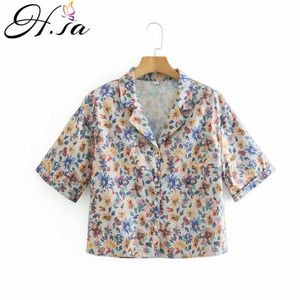 HSA Women Fashion Print Print Crossover Contraved Blouses Vintage с коротки