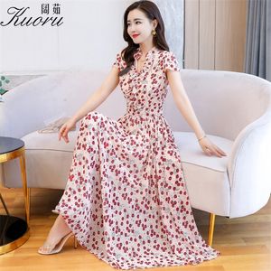 Yellow Women Chiffon Summer Dress Vestido Floral Maxi Boho Red Short Sleeve Casual Robe Femme Chic Size M-4XL Dresses For Party 220514