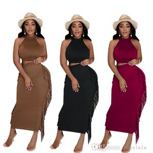 Women Tassel Two Piece Dress Outfits Solid Color Sexy Backless Hanging Neck Dresses Suit Nightclub Wear S-XXL