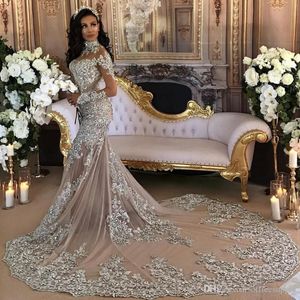 Sparkly Mermaid Wedding Jurk Sexy Sheer Bling Beads Lace Applique High Neck Illusion Lange Mouw Champagne Trumpet Bridal Jurns DD