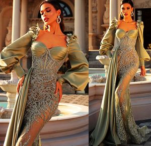 2022 Plus Size Arabski ASO EBI Luksusowy Syrenka Sexy Prom Dresses Koronki Zroszony Wieczór Formalna Partii Druga Recepcja Urodziny Suknie Zaręczynowe Dress Zj560